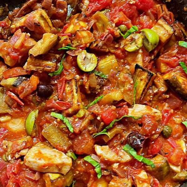 Sicilian Swordfish with Eggplant and Tomatoes
