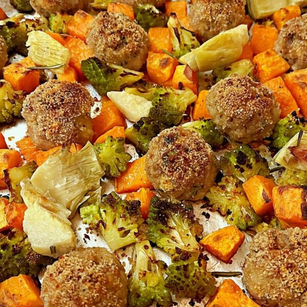 Sheet-Pan Sausage Meatballs with Romanesco and Sweet Potato